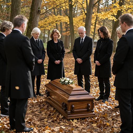 Photograph of a solemn outdoor funeral: eight mourners in black suits and coats stand around a wooden coffin on a leaf-covered forest path with autumn trees