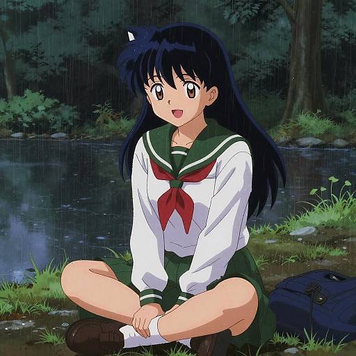 Anime Girl in School Uniform Sitting by Forest Lake in Rain