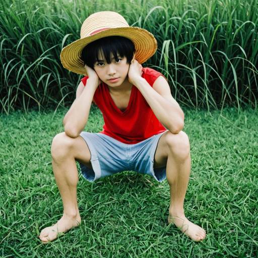 Boy in Straw Hat Sitting on Grass