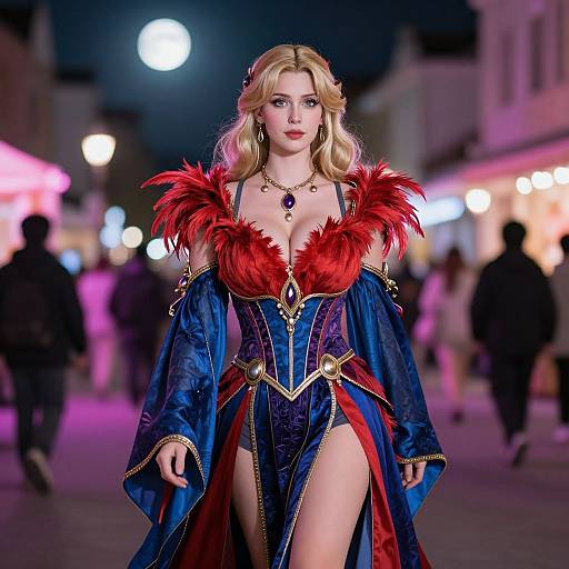 Blonde woman in a fantasy-themed, blue and red corset with feathered shoulders, high slit, and gold accents, walks a neon-lit