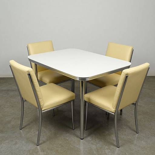 Photograph of a modern, white square table with four yellow upholstered chairs, featuring chrome legs, set on a concrete floor against a plain white wall
