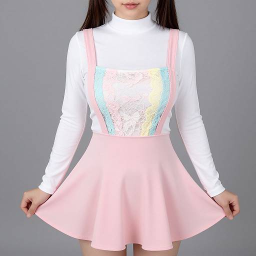 Photograph of an Asian woman with long black hair, wearing a white long-sleeve top, iridescent lace center, and pink A-line