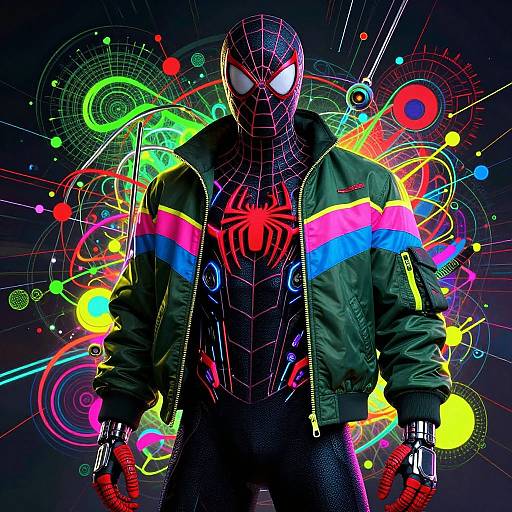 Digital artwork of Spider-Man in a neon, colorful, futuristic style: black suit, red spider emblem, green jacket, glowing white eyes, vibrant background