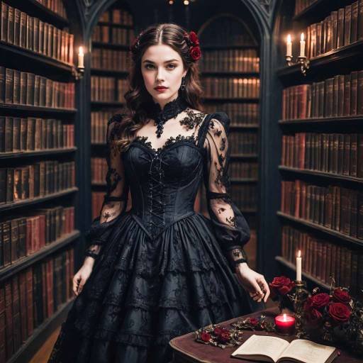 Gothic Victorian Woman in Candlelit Library