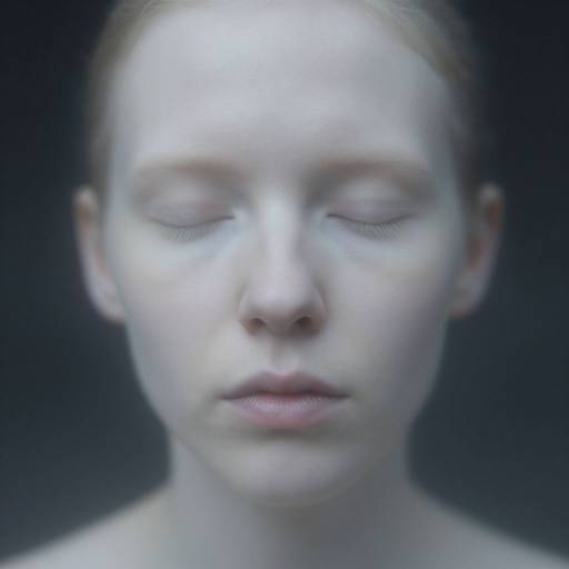 Photograph of a pale, young woman with closed eyes and light red hair, set against a dark blue background. Her expression is serene and slightly melanch