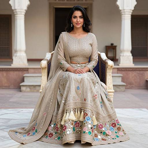 Photograph of a beautiful Indian woman with dark hair, wearing an ornate, beige, embroidered traditional lehenga, seated in an elegant, white-column