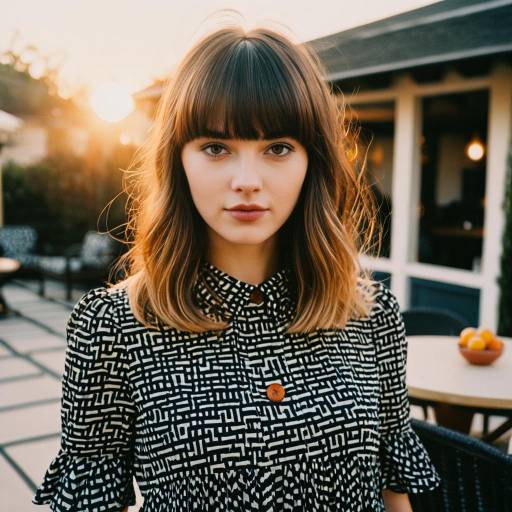 Young woman with layered bangs hairstyle at sunset