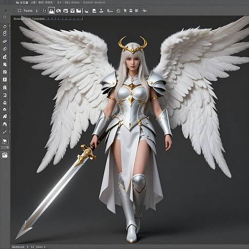 CGI image of a white-haired, blue-eyed angelic warrior with large white wings, golden horned headpiece, silver armor, and a glowing