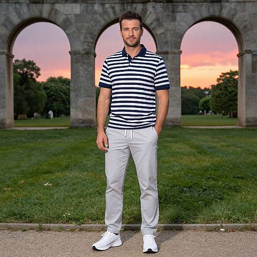 Photograph of a bearded man with short brown hair, wearing a black-and-white striped polo, white pants, and white sneakers, standing in front