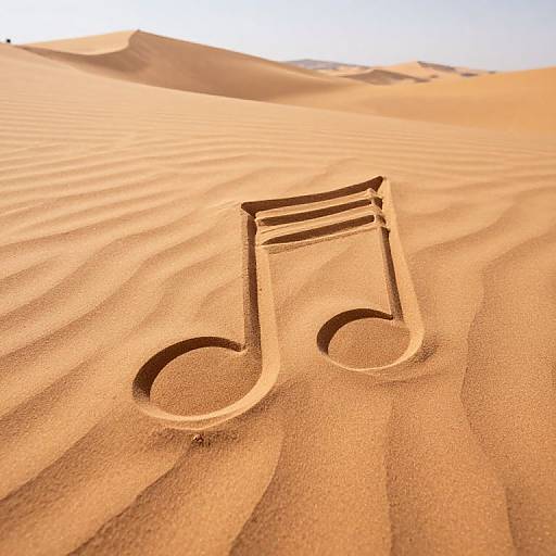 Photograph of a musical note shape drawn in sand on a sunlit, undulating desert dune with soft, golden hues.
