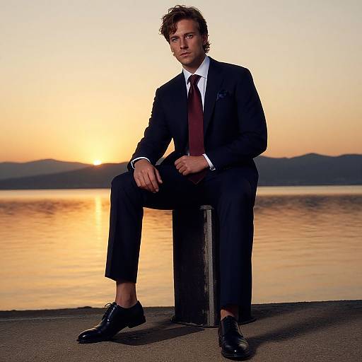 Photograph of a handsome man in a black suit, red tie, and polished black shoes, sitting by a serene lake at sunset.