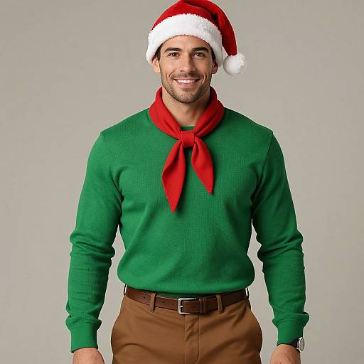 Photograph of a smiling man with olive skin wearing a green sweater, red scarf, Santa hat, and brown pants against a gray background.