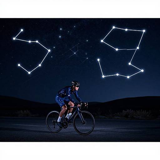 Photograph of a cyclist in dark blue cycling gear and helmet, riding at night under a starlit sky with constellations.