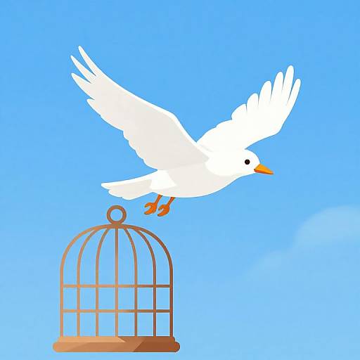 Digital illustration of a white dove with orange feet and beak, flying towards an empty brown birdcage against a bright blue sky.