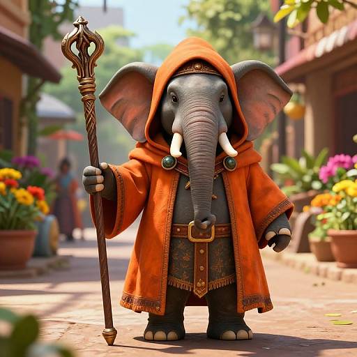 CGI image of a fantasy elephant in an orange hooded robe, holding a ornate staff, standing in a sunlit, flower-filled village street