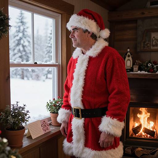 Photograph of a middle-aged white man in a Santa Claus outfit, standing by a window with a lit fireplace in a cozy wooden cabin.