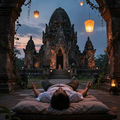 Young Man Meditating Near Ancient Ruins at Twilight