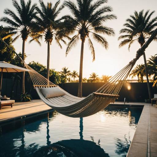 Hammock Swinging Over Pool at Sunset