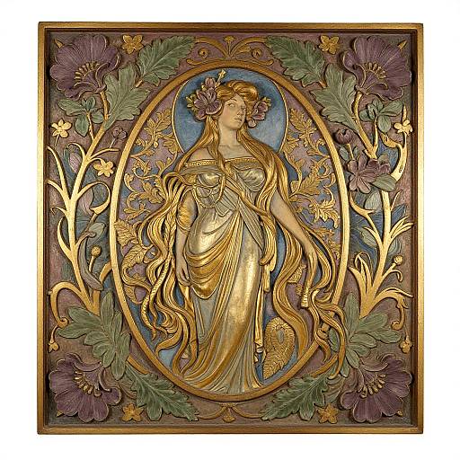 Art Nouveau-style relief of a golden, long-haired woman with flower crown, draped in flowing gown, surrounded by intricate floral patterns in purple and green