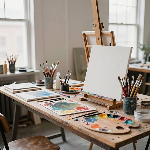 Photograph of a sunlit artist's studio table with paintbrushes in jars, a blank canvas on an easel, paint palette, and colorful