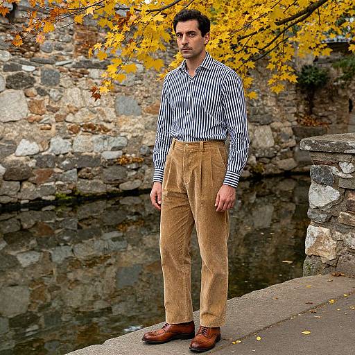 Photograph of a man with short dark hair, wearing a black-and-white striped shirt and tan corduroy pants, standing by a stone wall with