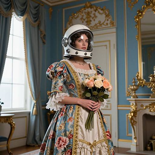Photograph of a woman in a vintage floral dress with gold trim, white lace, and a white helmet, holding roses in a luxurious blue and gold