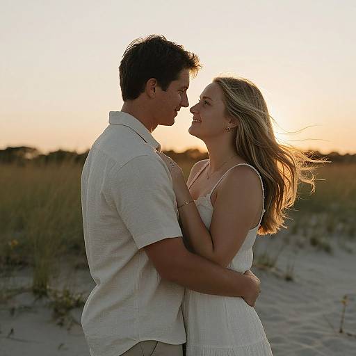 Photograph of a couple in a white beach setting at sunset; man in short-sleeve shirt, woman in sundress, embracing, smiling,