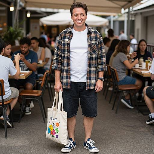 Photograph of a smiling young man with short curly brown hair, wearing a plaid shirt, white tee, black shorts, and Converse sneakers,
