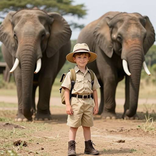 Boy on Safari with Elephants
