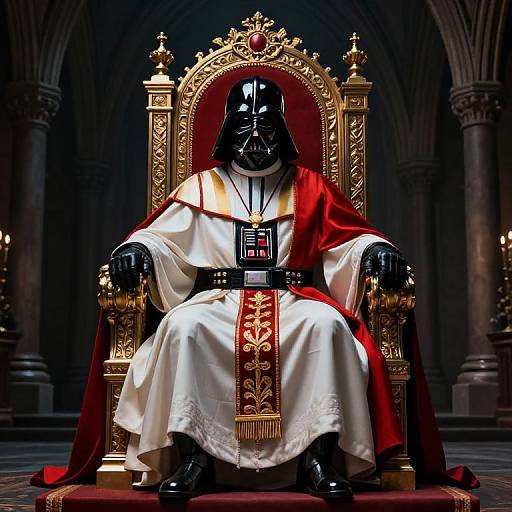 Photograph of Darth Vader in a regal white and red robe, seated on an ornate golden throne in a dimly lit, cathedral-like room