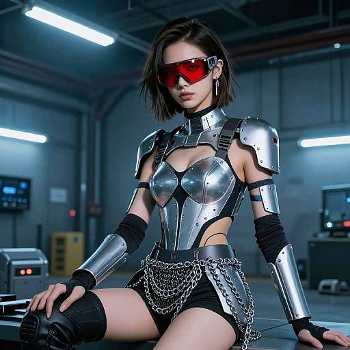 Photorealistic CGI of a fierce, dark-haired woman in metallic armor, red visor, black shorts, and chain skirt, sitting in a dim