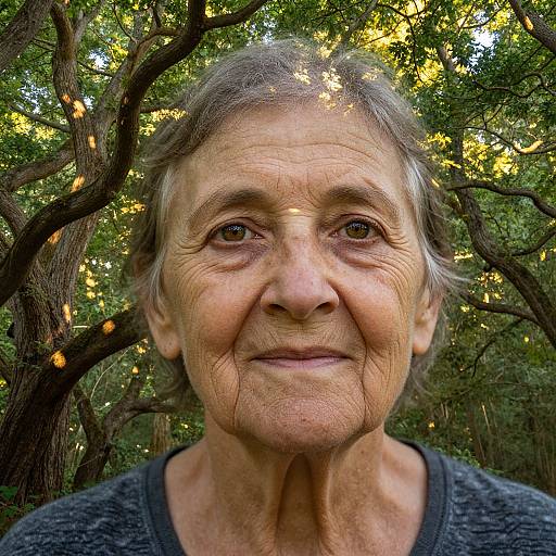 Close-up photograph of an elderly woman with wrinkled skin, gray hair, and deep brown eyes, standing in a sunlit forest. She wears a