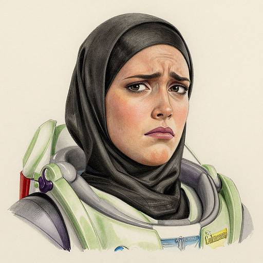 Digital illustration of a sad-faced woman in a black hijab and green astronaut suit, featuring detailed shading and realistic textures.