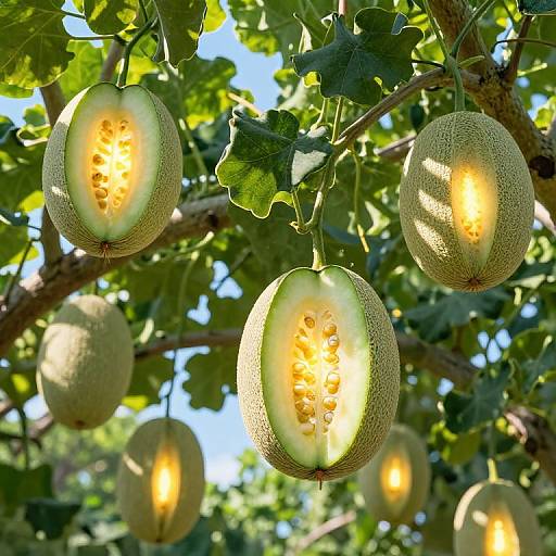 Photograph of ripe, yellow-green cantaloupes with textured rinds and glowing, seed-filled interiors hanging from a tree with lush green leaves under