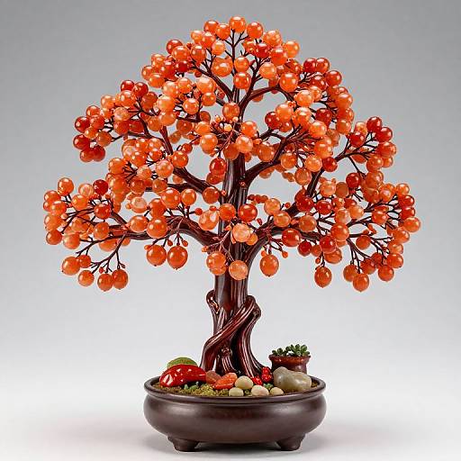 Photograph of a decorative bonsai tree with vibrant orange berries, twisted dark brown trunk, and small potted plants at its base.