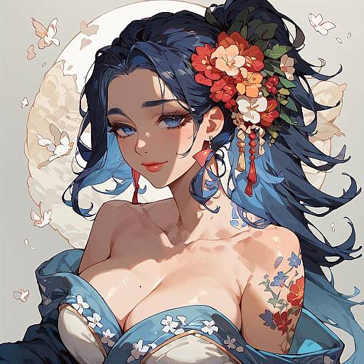 Anime-style Japanese Girl with Floral Kimono and Tattoos