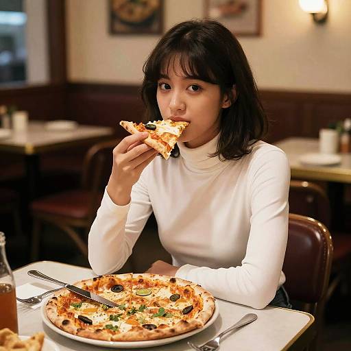 Girl Enjoying Pizza in a Restaurant