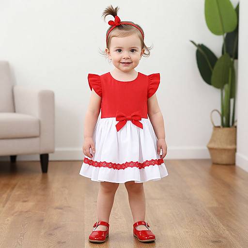 Photograph of a smiling toddler girl in a red and white dress, red shoes, and red headband, standing on wooden floor with a white sofa