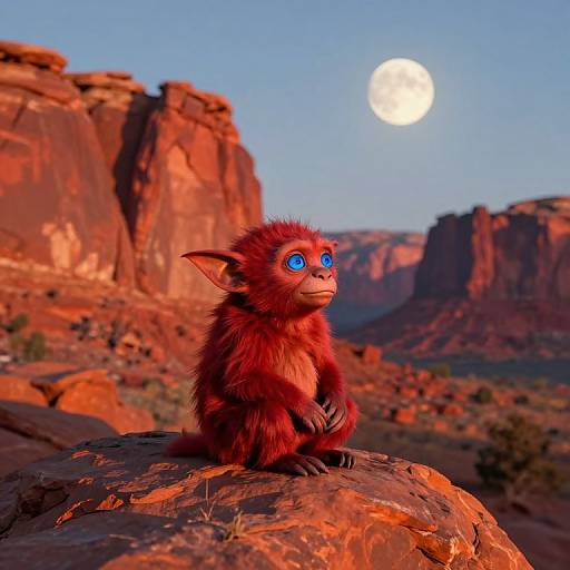 Photorealistic CGI of a red, furry, big-eyed creature with large ears, sitting on a rock in a desert canyon at sunset, gazing