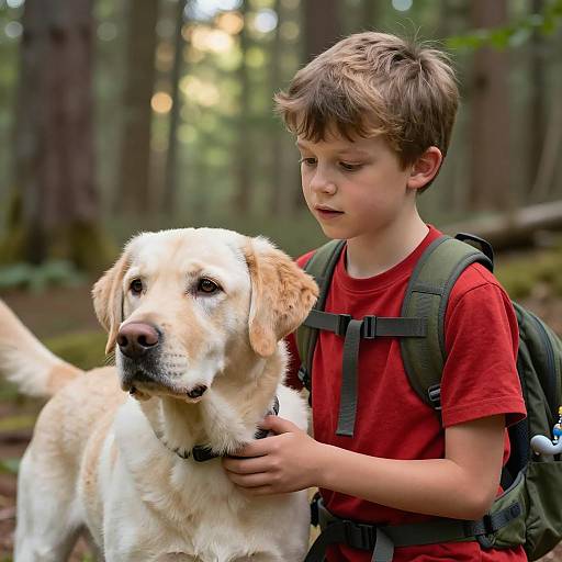 Boy and Labrador in Sunlit Forest