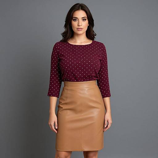 Photograph of a woman with medium skin tone, black wavy hair, wearing a maroon polka dot blouse and tan leather skirt, standing against