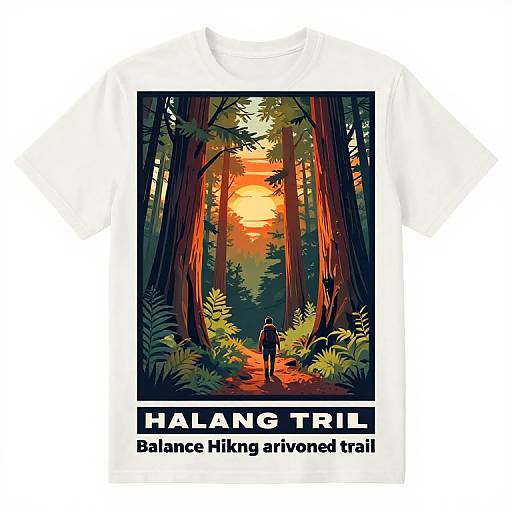 Digital illustration of a person hiking at sunset in a vibrant, colorful forest with tall trees, bright orange sky, and ferns. Text reads 