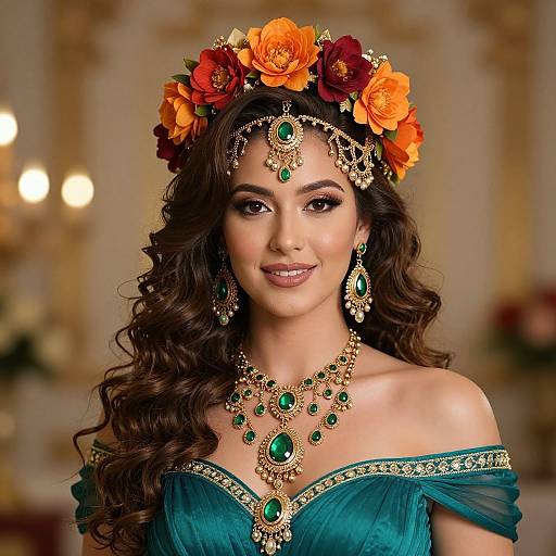 Photograph of a beautiful woman with long, wavy brown hair, wearing a floral crown, green off-shoulder dress, and intricate gold and
