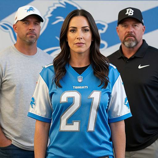Photograph of a brunette woman in a blue and white NFL jersey, number 21, standing between two men in sports attire.