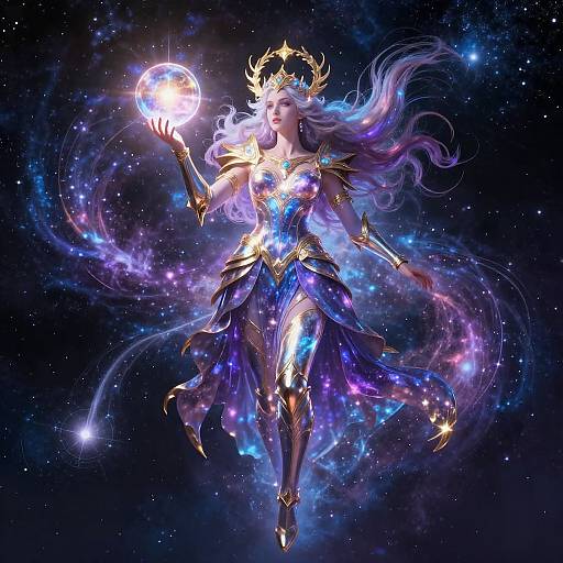 Digital artwork of a celestial queen with long, flowing purple hair, gold crown, and blue, purple, and gold armor, holding a glowing orb in