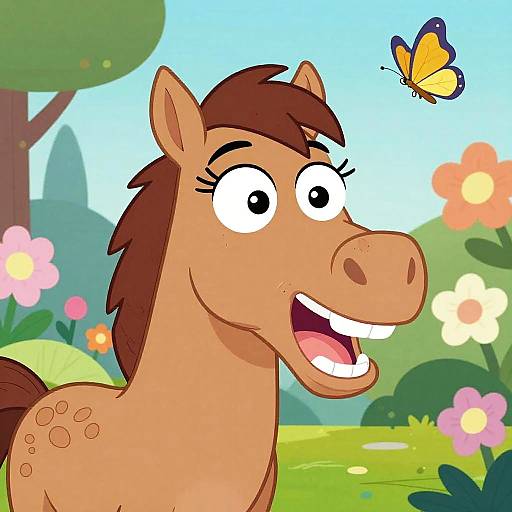 Cartoon horse with brown mane, wide eyes, and open mouth, smiling at a yellow butterfly, surrounded by colorful flowers and greenery.