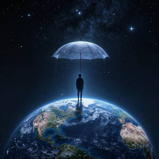 Silhouetted person stands on Earth under glowing transparent umbrella in starry space; digital art blending realism and surrealism.