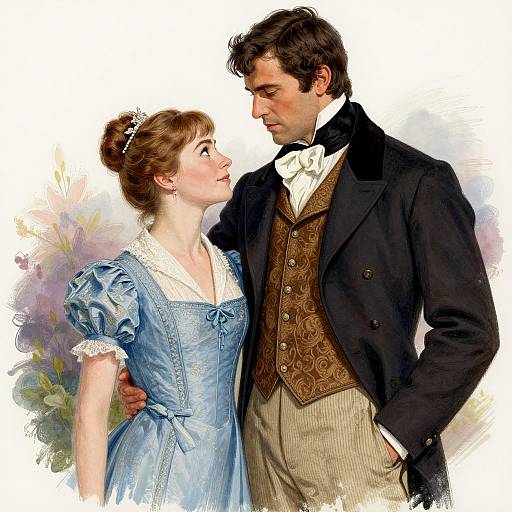 Digital painting of a Victorian-era couple; woman in blue dress with white lace, man in dark coat, brown vest, white bow tie, gazing