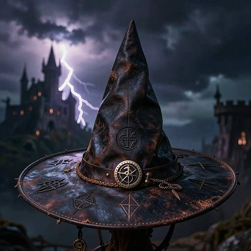 Dark, stormy night scene featuring a detailed, ornate witch hat with occult symbols, lightning-bolt backdrop, and a castle silhouette. Digital art