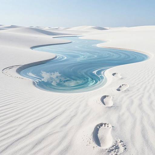 Digital artwork of a serene blue water puddle with swirling patterns, reflecting white clouds, surrounded by rippled white sand under a bright blue sky.